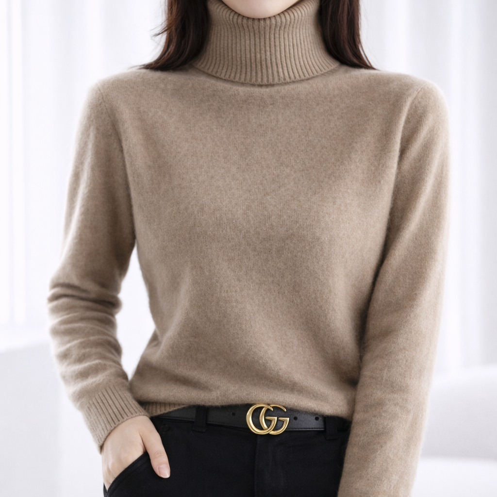 Maya | Women's Mink Cashmere Ribbed Turtleneck Sweater-The Yellow Prime
