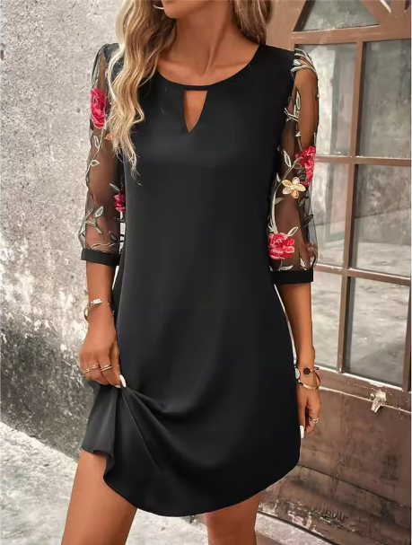 Melanie | Women's Keyhole Mini Dress with Embroidery-The Yellow Prime