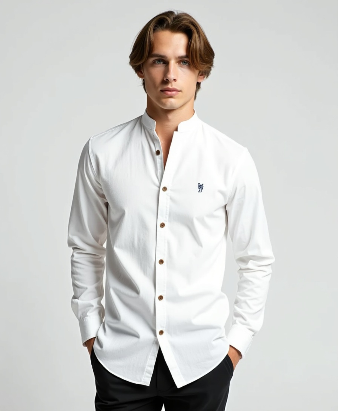 Men's Slim Fit Grandad Collar Cotton Dress Shirt-The Yellow Prime