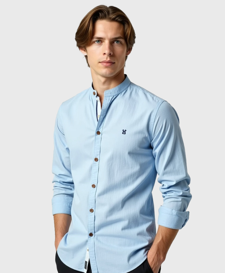 Men's Slim Fit Grandad Collar Cotton Dress Shirt-The Yellow Prime