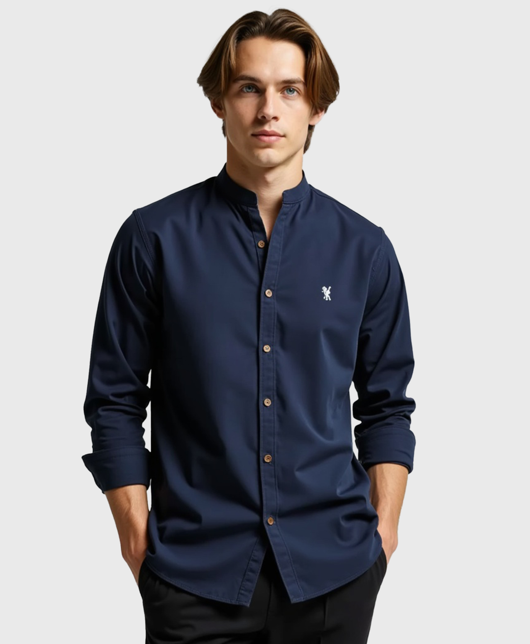 Men's Slim Fit Grandad Collar Cotton Dress Shirt-The Yellow Prime