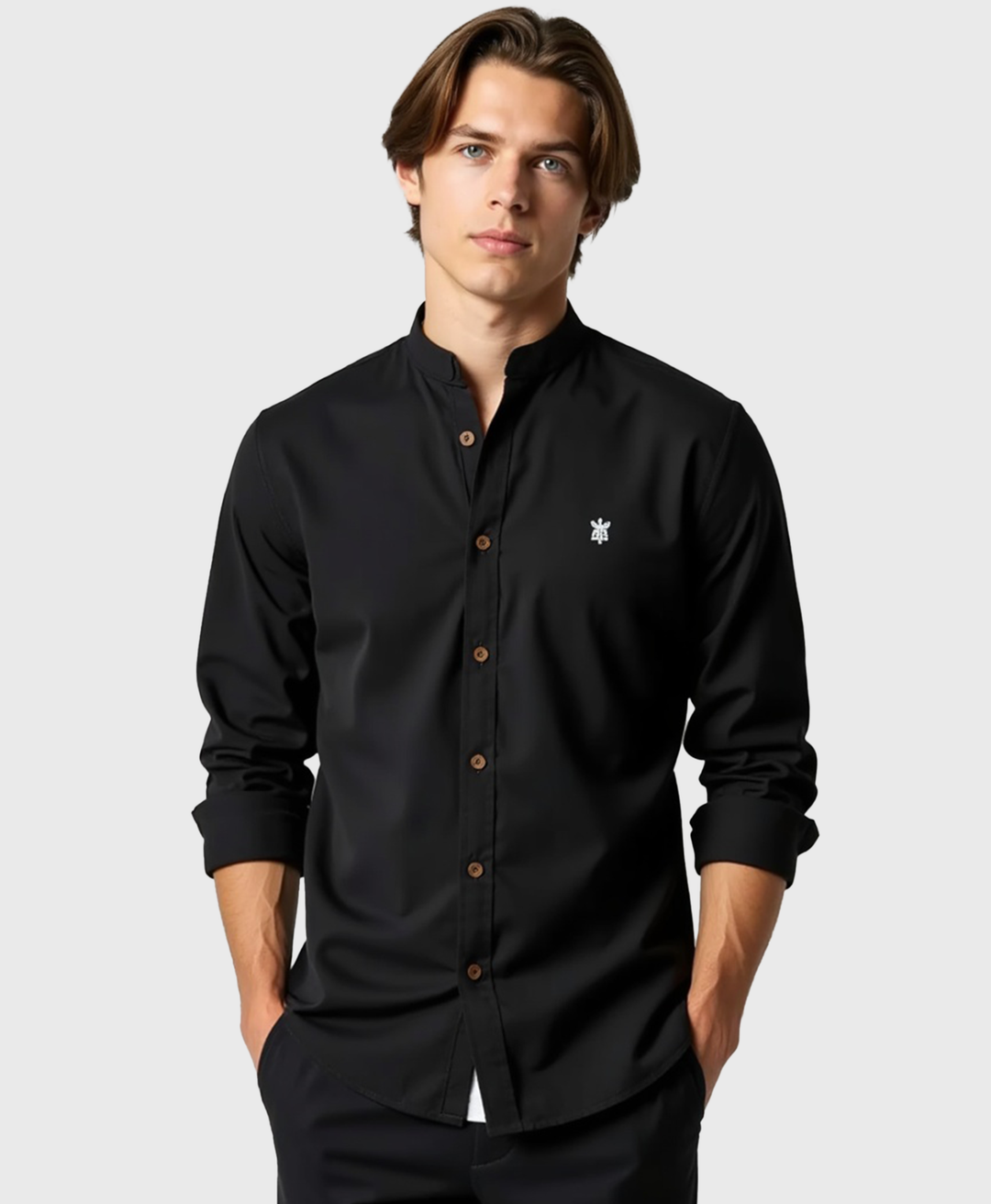 Men's Slim Fit Grandad Collar Cotton Dress Shirt-The Yellow Prime