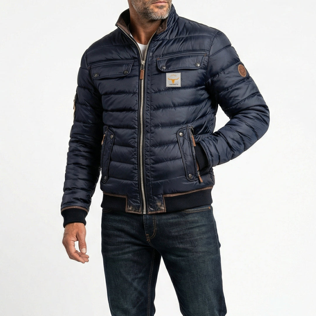 Men's Warm Quilted Winter Jacket with Stand Collar and Pockets