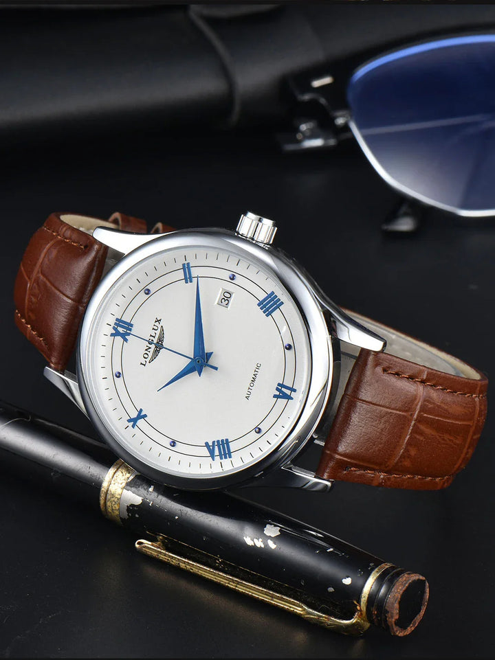 Men's Automatic Leather Strap Mechanical Date Waterproof Watch-The Yellow Prime