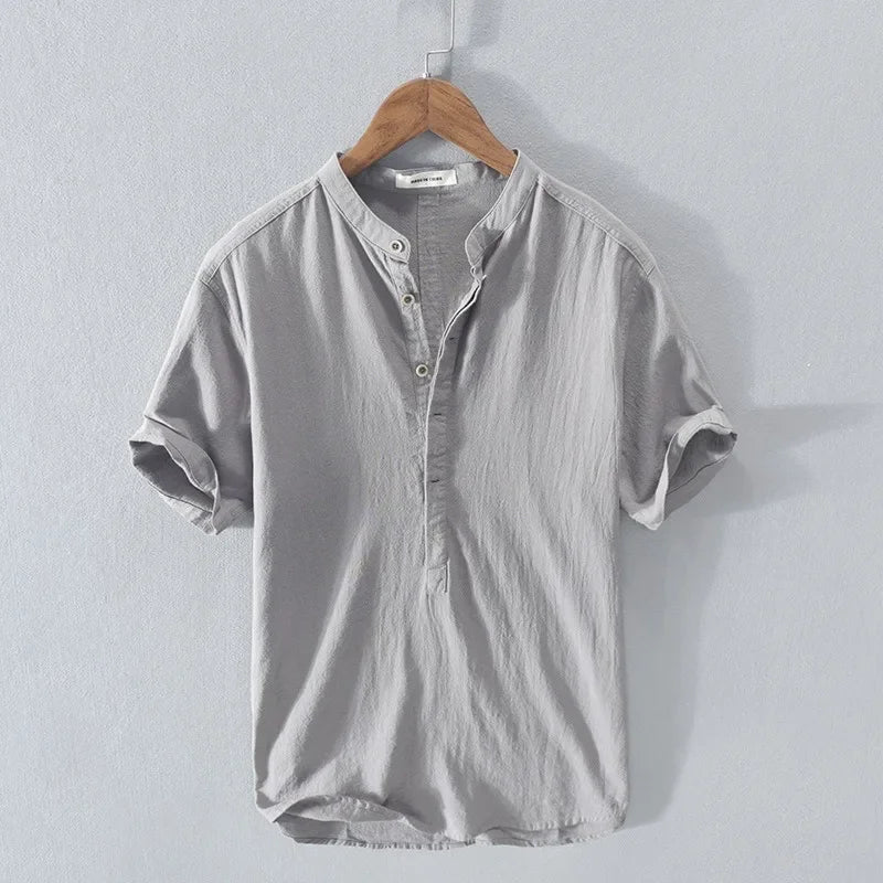 Men's Breathable Cotton Linen Loose Fit Short Sleeve Shirt-The Yellow Prime