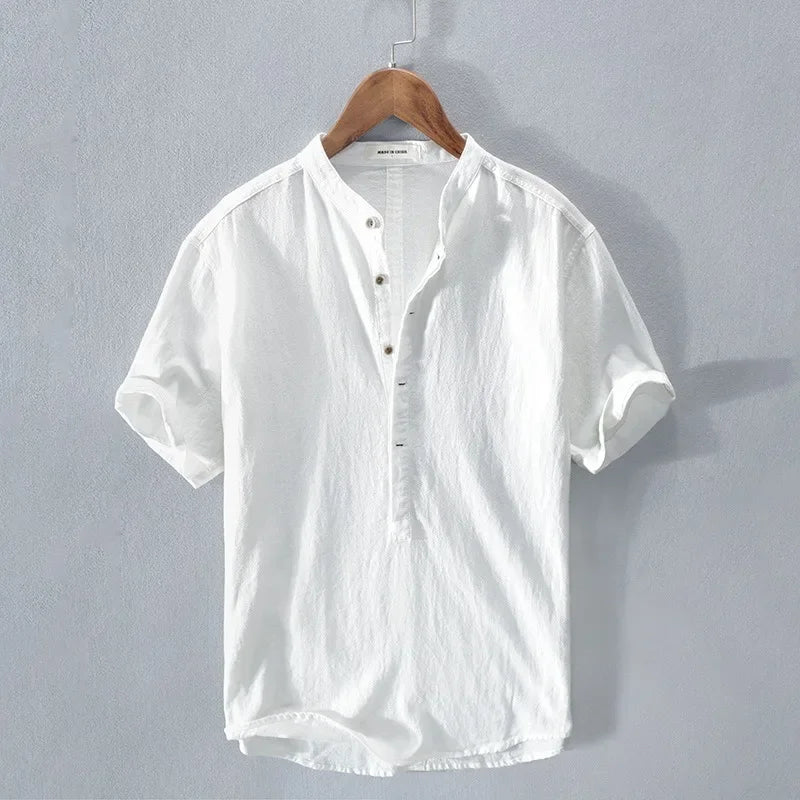 Men's Breathable Cotton Linen Loose Fit Short Sleeve Shirt-The Yellow Prime