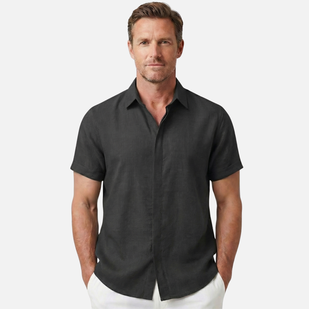 Men's Breathable Linen Button-Up Shirt with Classic Collar-The Yellow Prime