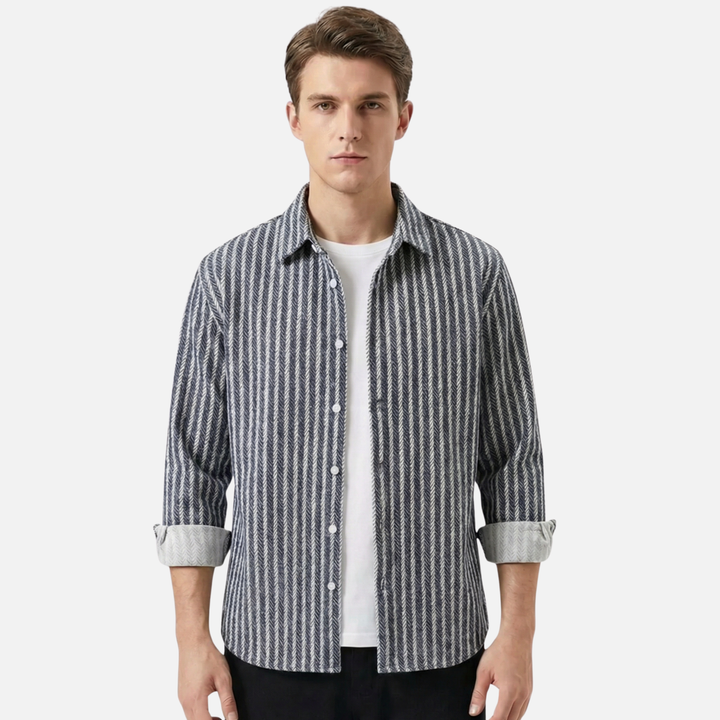 Men's Casual Striped Long Sleeve Button-Down Shirt-The Yellow Prime