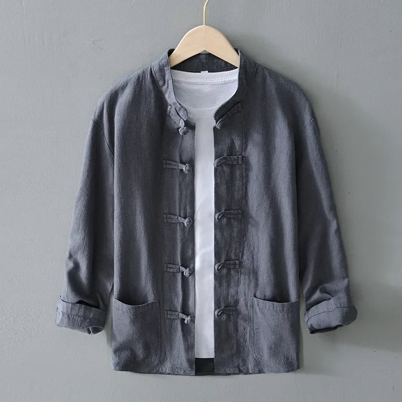 Men's Cotton-Linen Mandarin Collar Shirt-The Yellow Prime