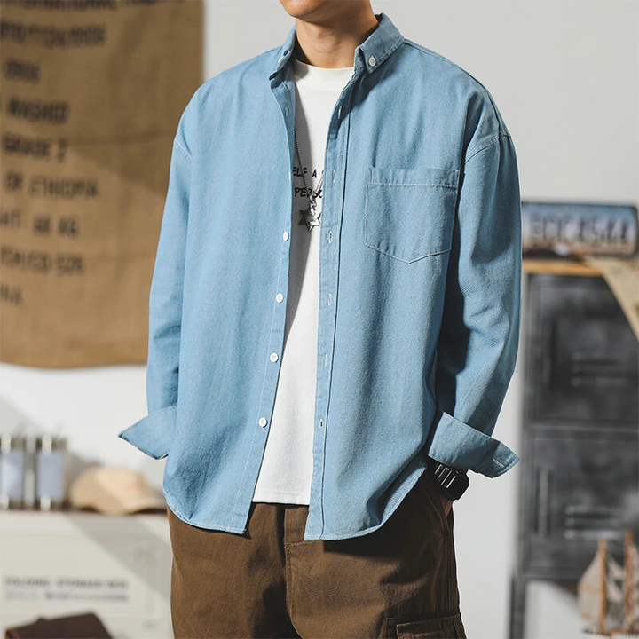 Men's Denim Button-Up Shirt-The Yellow Prime