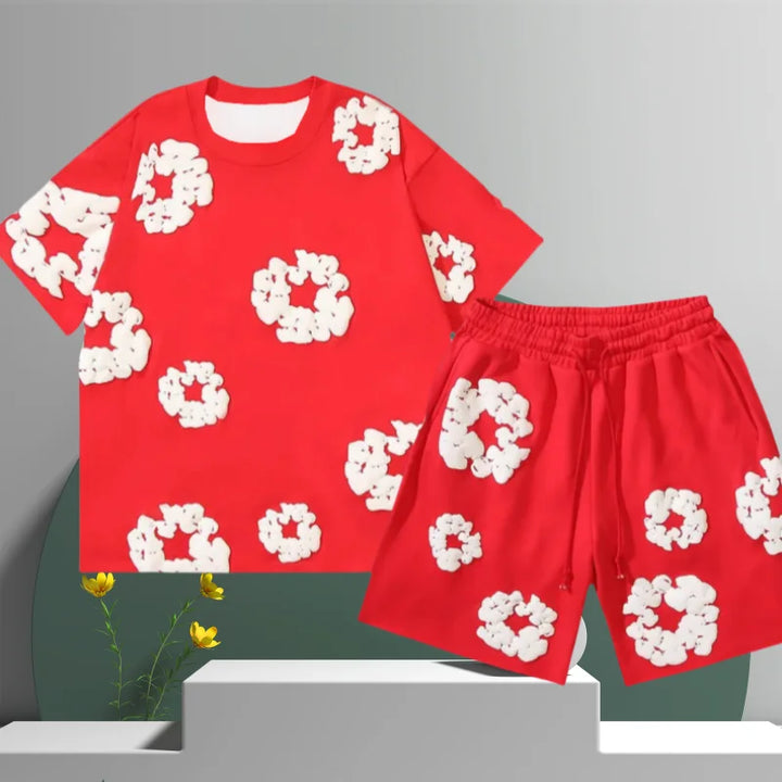 Men's Denim Tears Cotton Flower 3D Printed Shorts Set Red