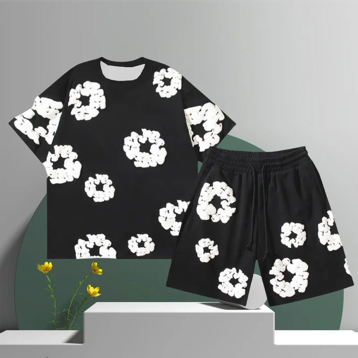 Men's Denim Tears Cotton Flower 3D Printed Shorts Set Black