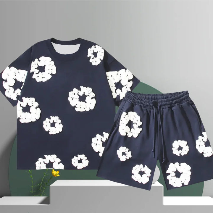 Men's Denim Tears Cotton Flower 3D Printed Shorts Set Navy blue