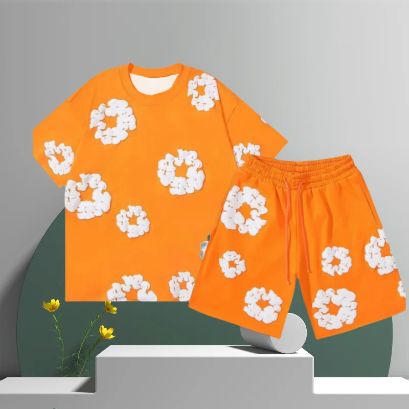 Men's Denim Tears Cotton Flower 3D Printed Shorts Set Orange