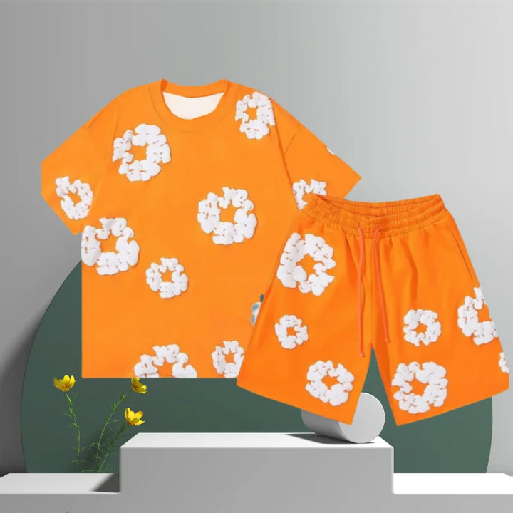 Men's Denim Tears Cotton Flower 3D Printed Shorts Set Orange