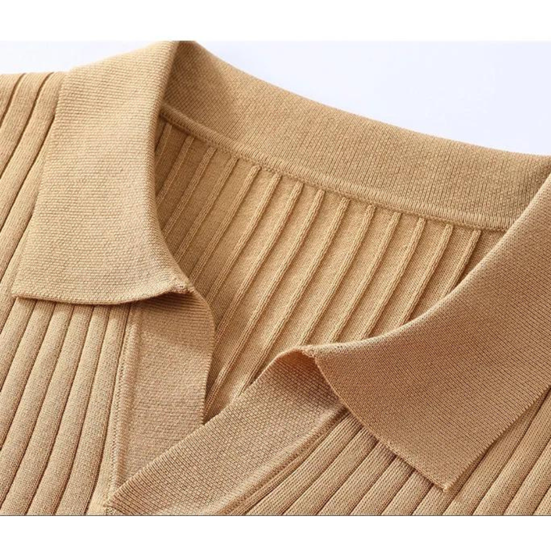 Men's Elegant Ribbed Long Sleeve Silk Polo Shirt, Soft Casual Wear-The Yellow Prime