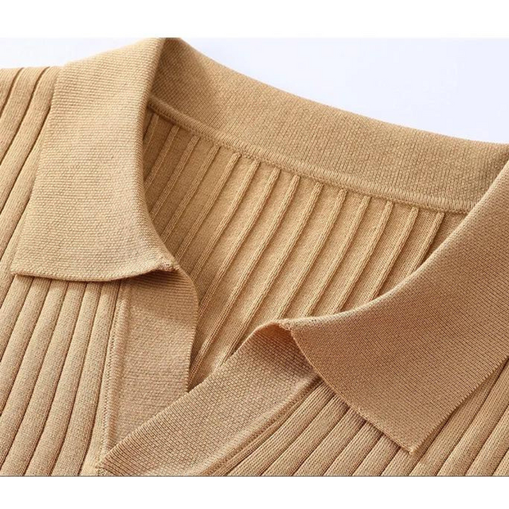 Men's Elegant Ribbed Long Sleeve Silk Polo Shirt, Soft Casual Wear-The Yellow Prime