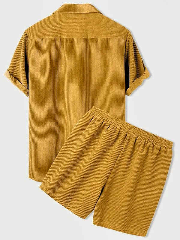 Men's Elegant Ribbed Velvet Set - Short Sleeve Shirt and Matching Shorts-The Yellow Prime