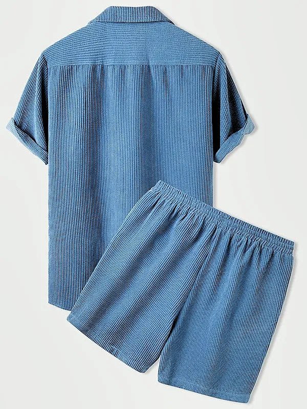 Men's Elegant Ribbed Velvet Set - Short Sleeve Shirt and Matching Shorts-The Yellow Prime
