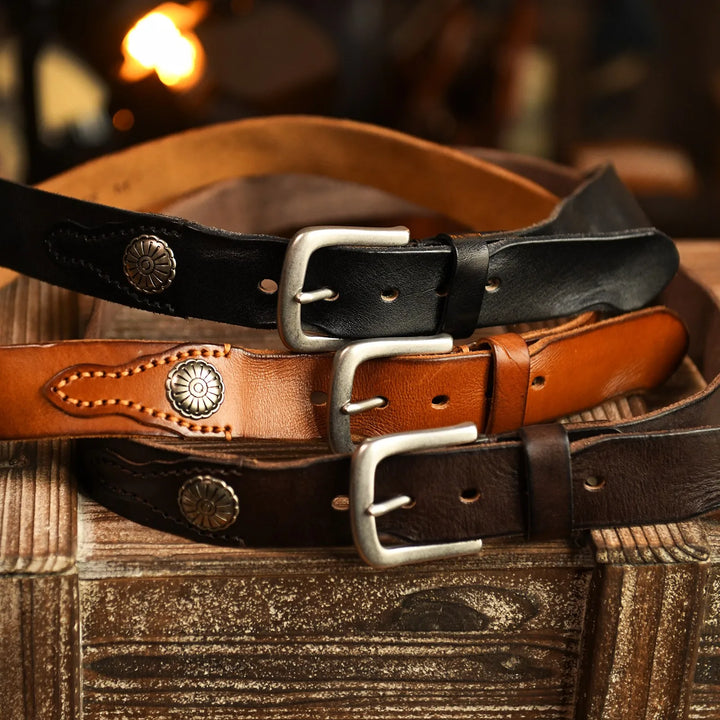 Men's Hand-Stitched Cowskin Western Leather Belt-The Yellow Prime