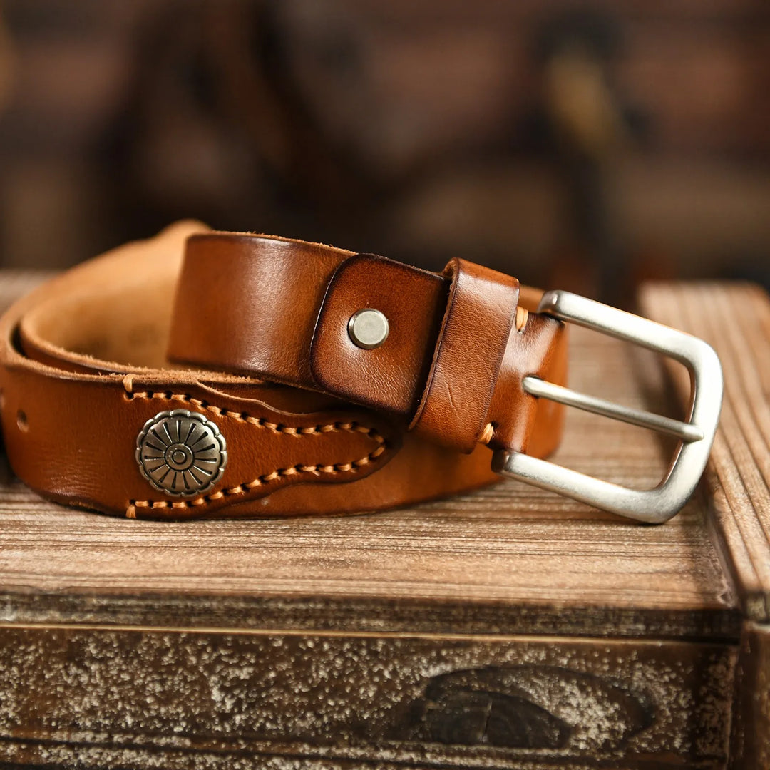 Men's Hand-Stitched Cowskin Western Leather Belt-The Yellow Prime