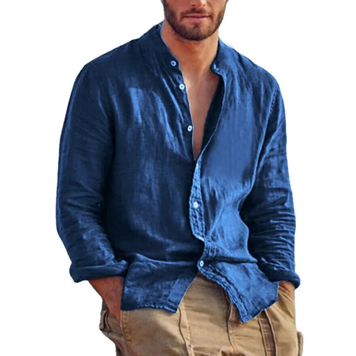 Men's Lightweight Breathable Cotton Shirt with Mandarin Collar-The Yellow Prime