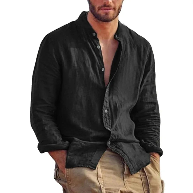 Men's Lightweight Breathable Cotton Shirt with Mandarin Collar-The Yellow Prime