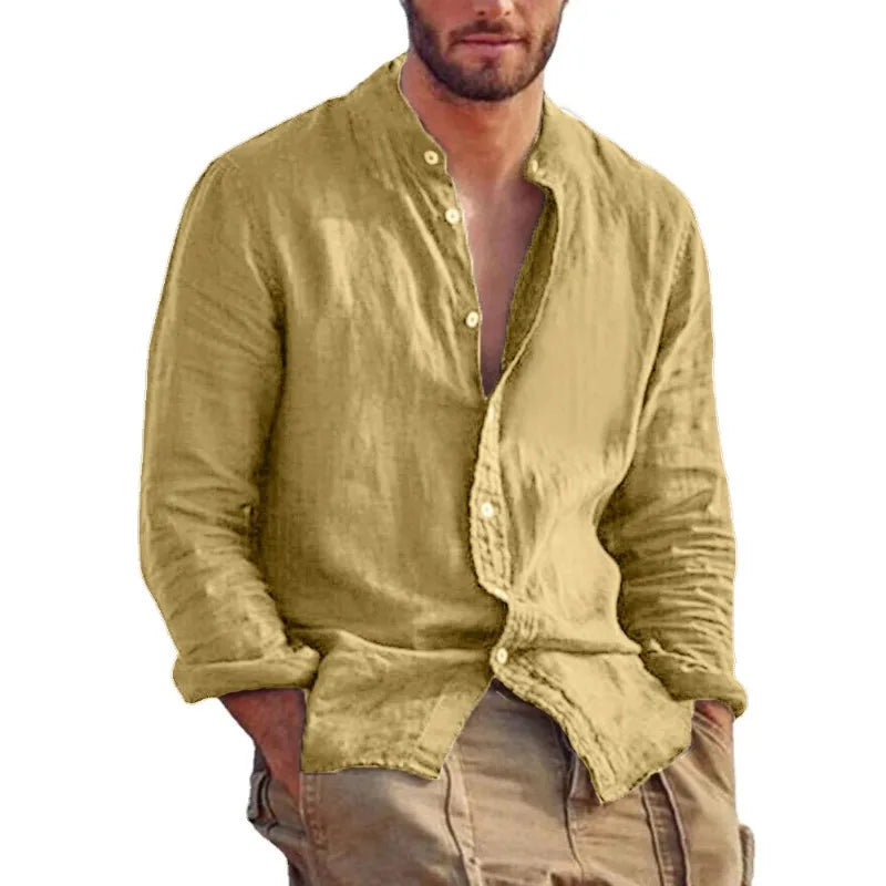 Men's Lightweight Breathable Cotton Shirt with Mandarin Collar-The Yellow Prime