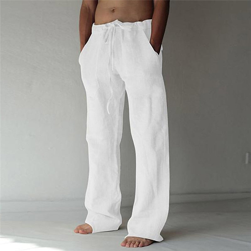 Men's Lightweight Linen Trousers | Long Fit White