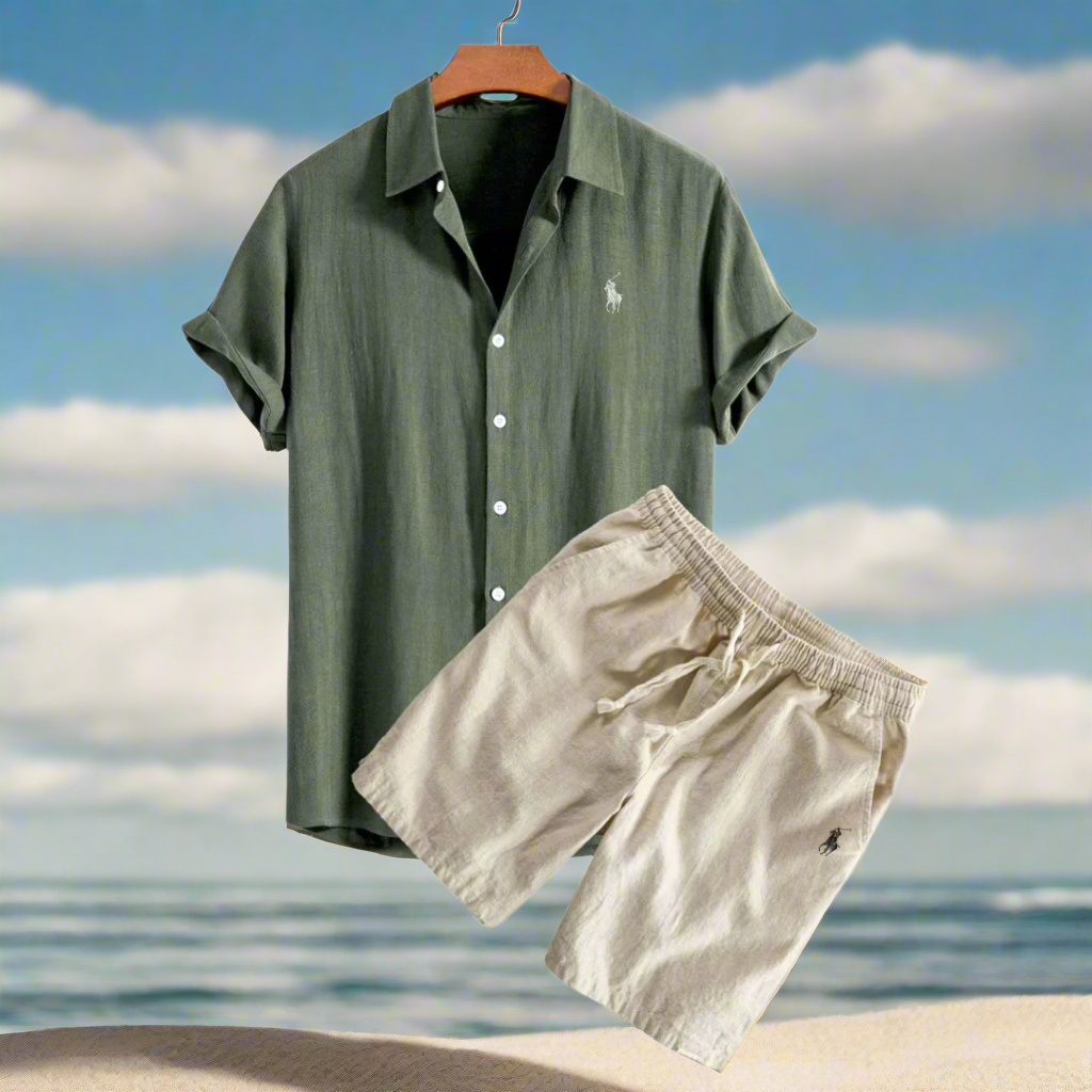 Men's Linen Shirt and Shorts Set – Summer Vacation Outfit Dark Green