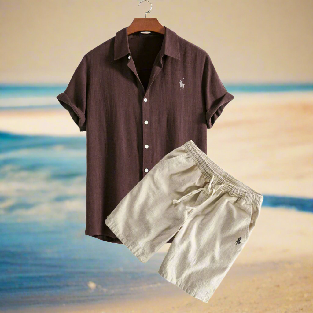 Men's Linen Shirt and Shorts Set – Summer Vacation Outfit Brown