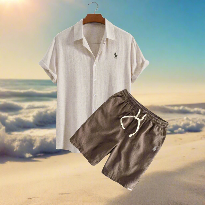 Men's Linen Shirt and Shorts Set – Summer Vacation Outfit Beige and Coffee