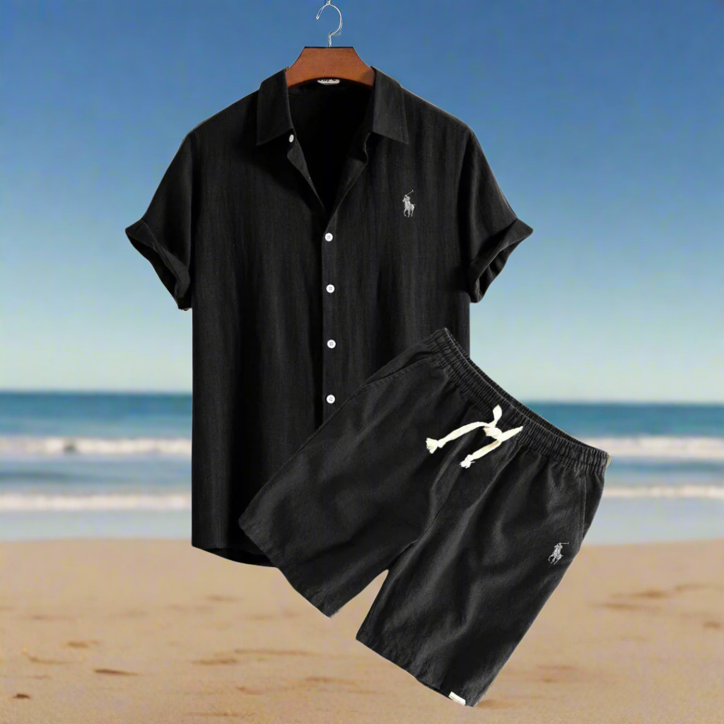 Men's Linen Shirt and Shorts Set – Summer Vacation Outfit Black