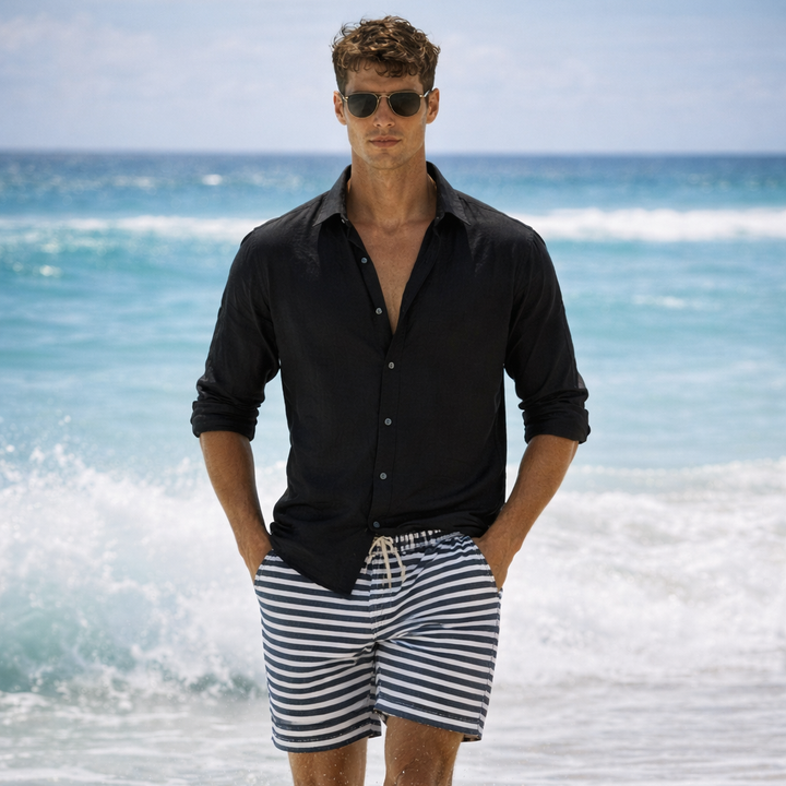 Men's Linen Summer Button-Down Shirt with Roll-Up Sleeves-The Yellow Prime