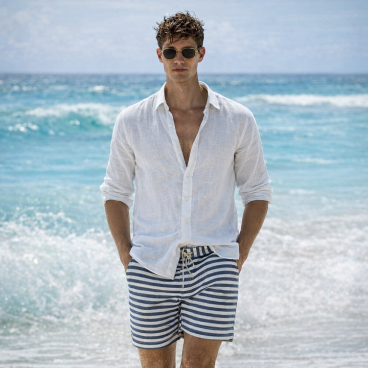Men's Linen Summer Button-Down Shirt with Roll-Up Sleeves-The Yellow Prime