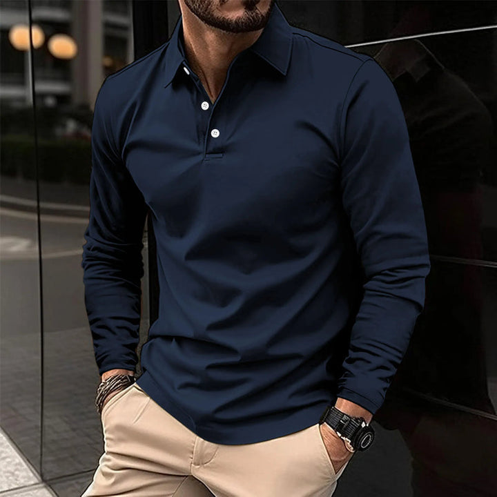Men's Long-sleeved Polo Shirt with Button Placket-The Yellow Prime