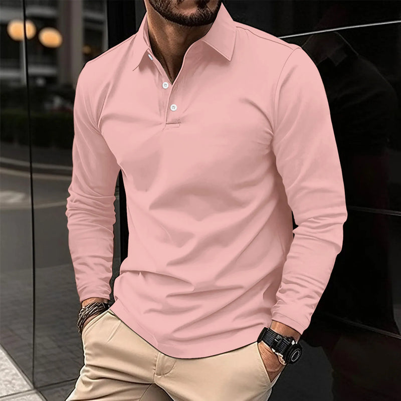 Men's Long-sleeved Polo Shirt with Button Placket-The Yellow Prime