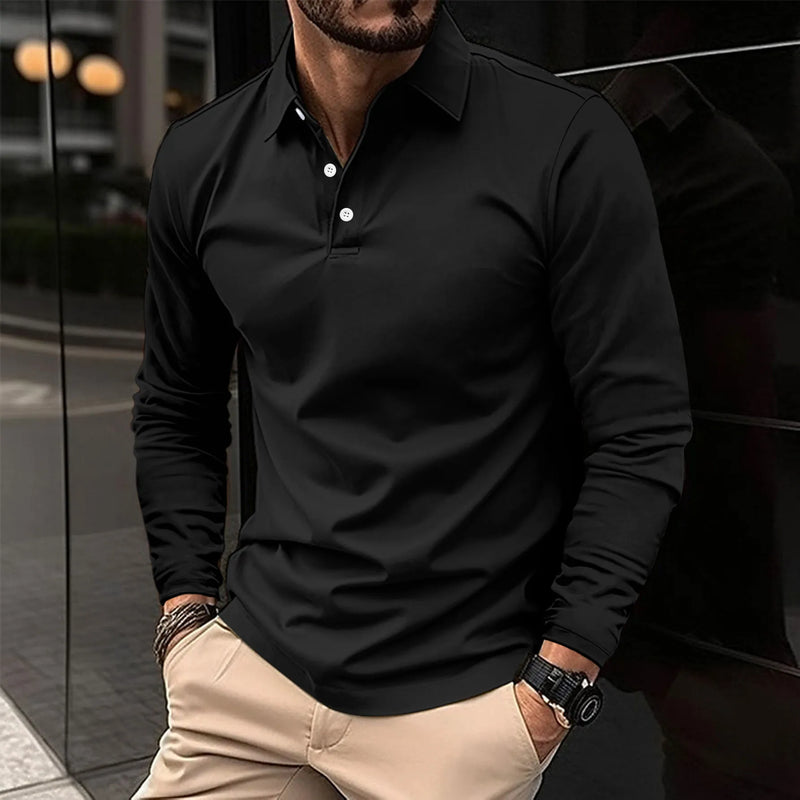 Men's Long-sleeved Polo Shirt with Button Placket-The Yellow Prime