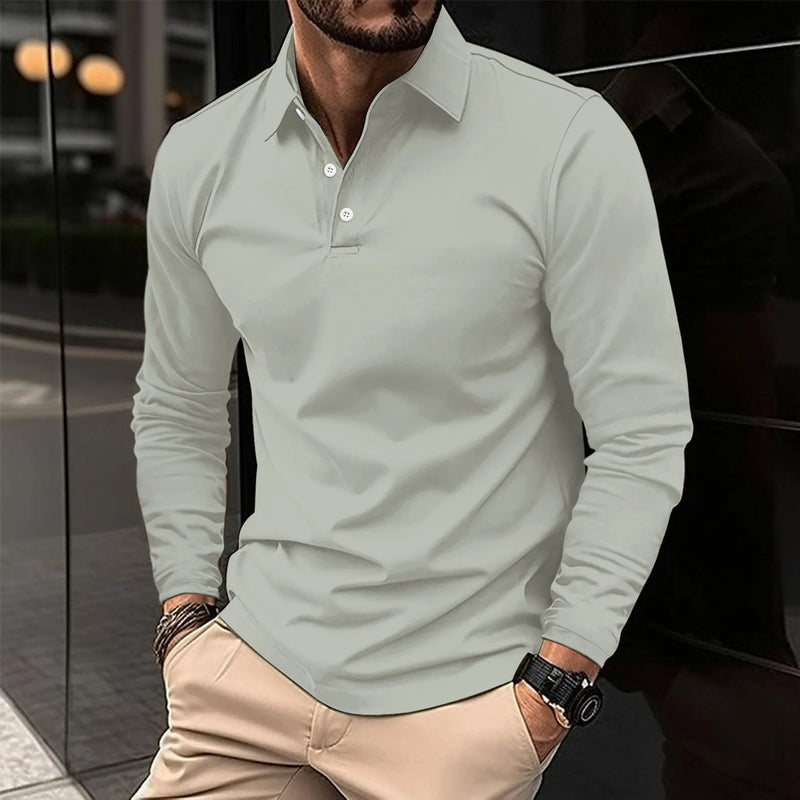 Men's Long-sleeved Polo Shirt with Button Placket-The Yellow Prime