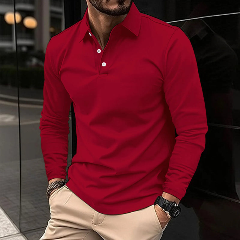 Men's Long-sleeved Polo Shirt with Button Placket-The Yellow Prime