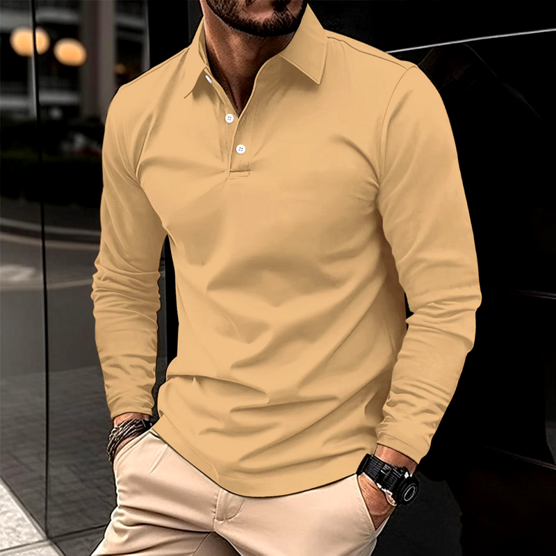 Men's Long-sleeved Polo Shirt with Button Placket-The Yellow Prime