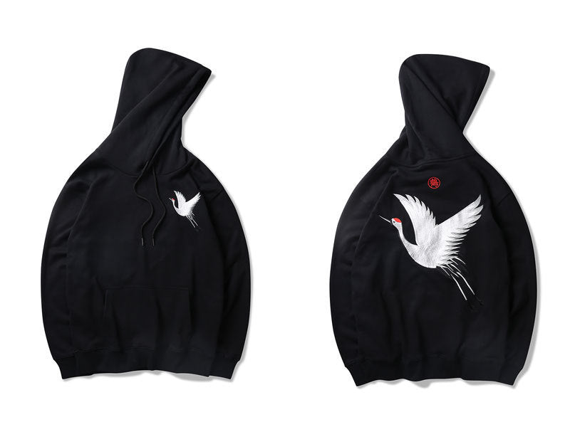 Men's Oversized Relaxed Hoodie with Embroidered Crane Design-The Yellow Prime