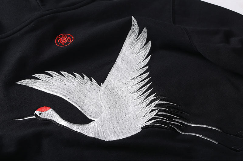 Men's Oversized Relaxed Hoodie with Embroidered Crane Design-The Yellow Prime