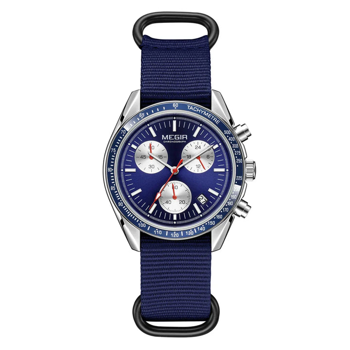 Men's Quartz Chronograph Watch with Blue Nylon Strap, Waterproof-The Yellow Prime