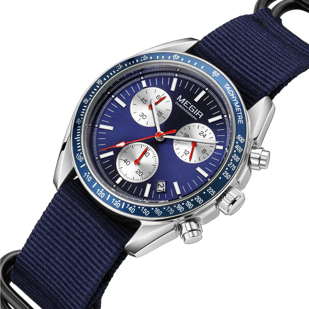 Men's Quartz Chronograph Watch with Blue Nylon Strap, Waterproof-The Yellow Prime