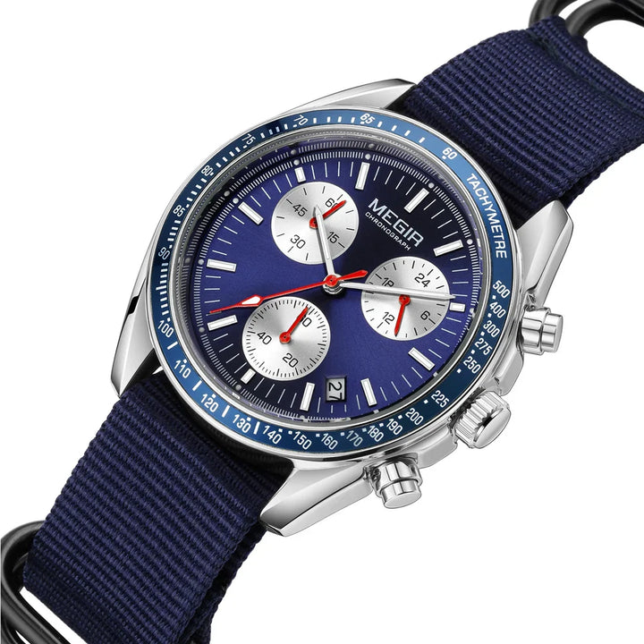 Men's Quartz Chronograph Watch with Blue Nylon Strap, Waterproof-The Yellow Prime