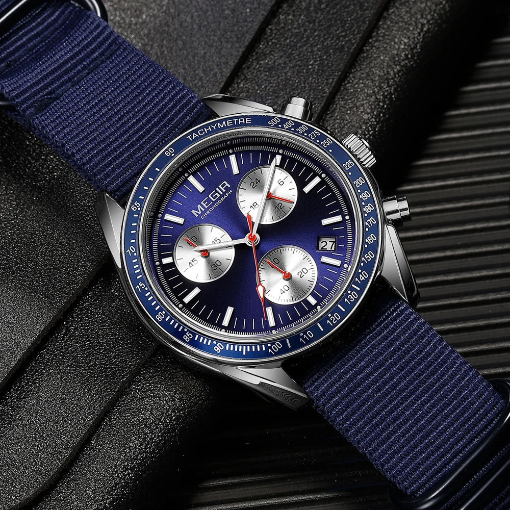 Men's Quartz Chronograph Watch with Blue Nylon Strap, Waterproof-The Yellow Prime