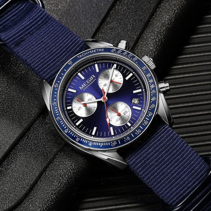 Men's Quartz Chronograph Watch with Blue Nylon Strap, Waterproof-The Yellow Prime