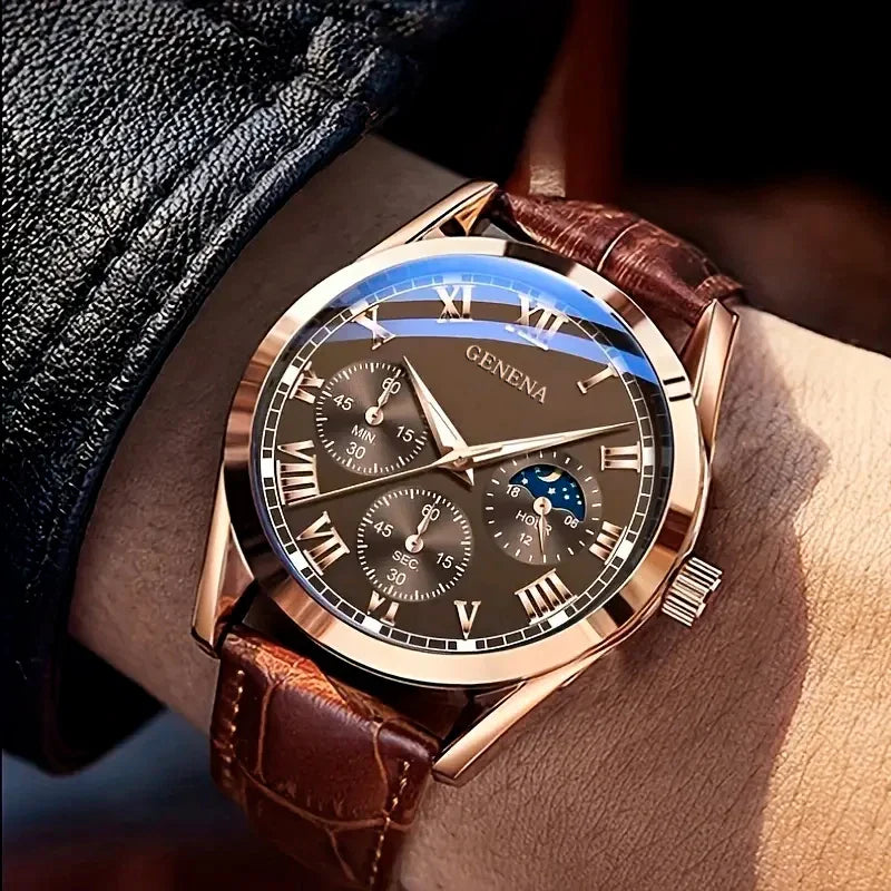 Men's Quartz Watch with Leather Strap for Casual and Business Wear-The Yellow Prime