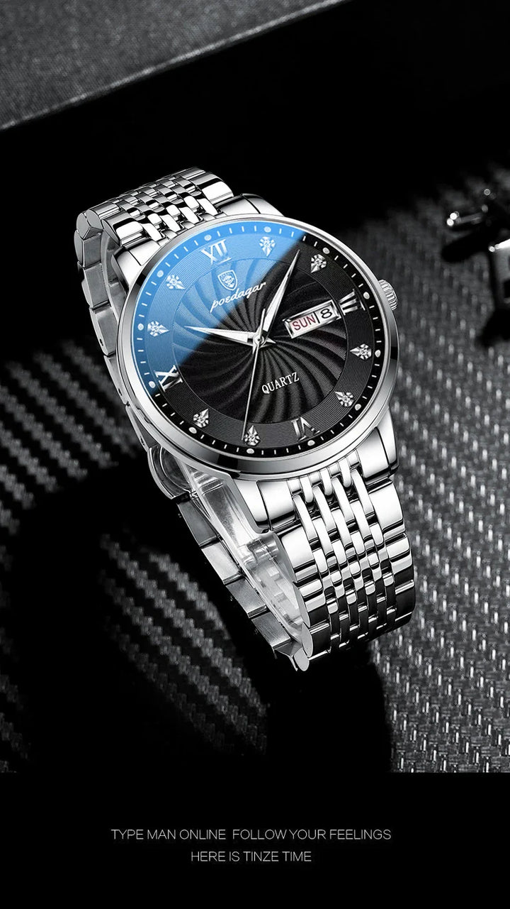 Men's Stainless Steel Luminous Quartz Wristwatch with Date and Week-The Yellow Prime